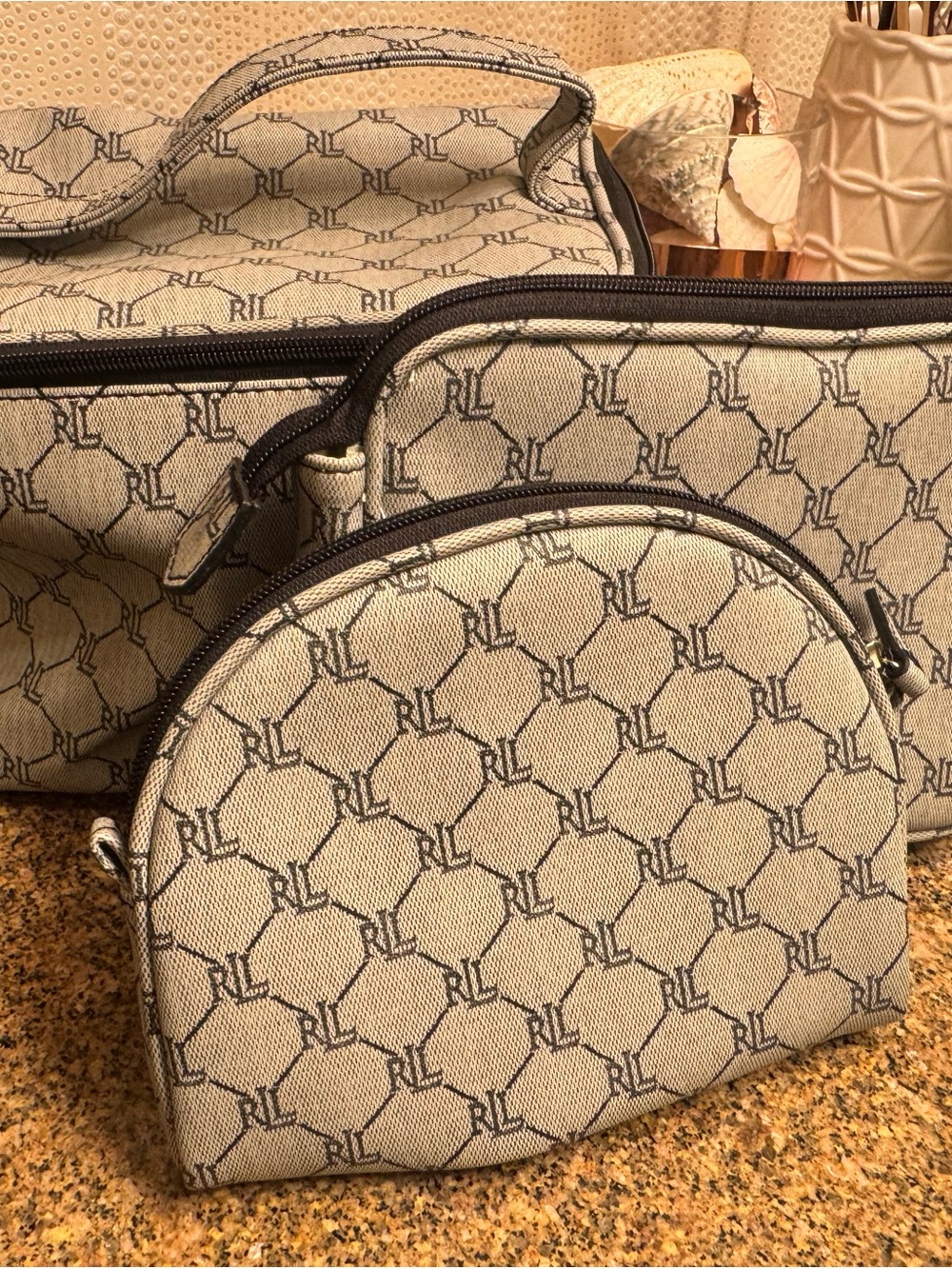 Ralph Lauren‎ Tan and Navy Monogram Cosmetic Bags phone holders Pouch Trio Set